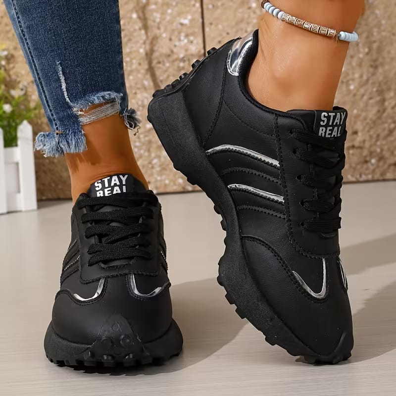 Stay Real Black Sneakers with Silver Stripes image 2