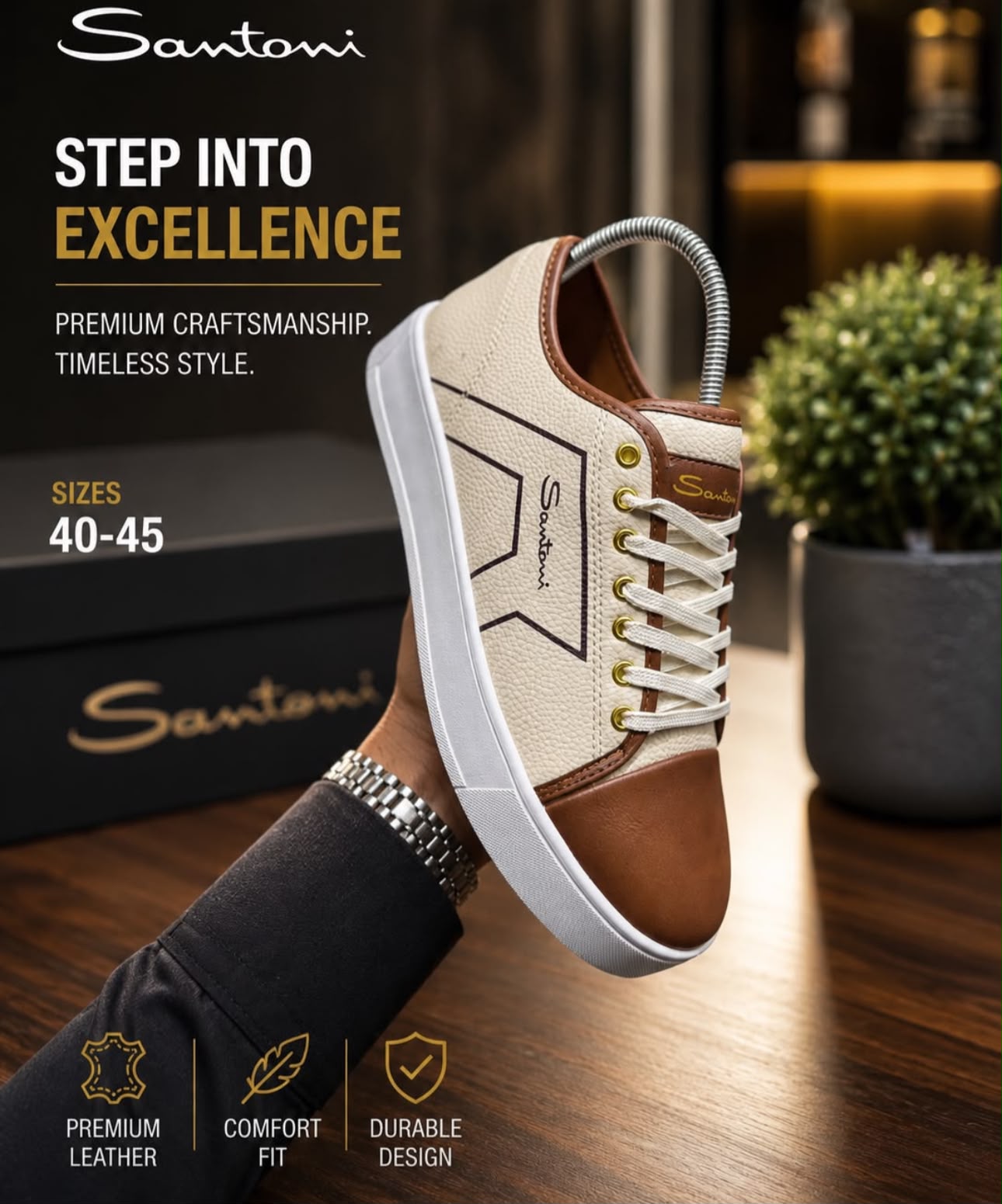 Santoni Milano Men's Shoes – Cream & Brown Premium Footwear image 3