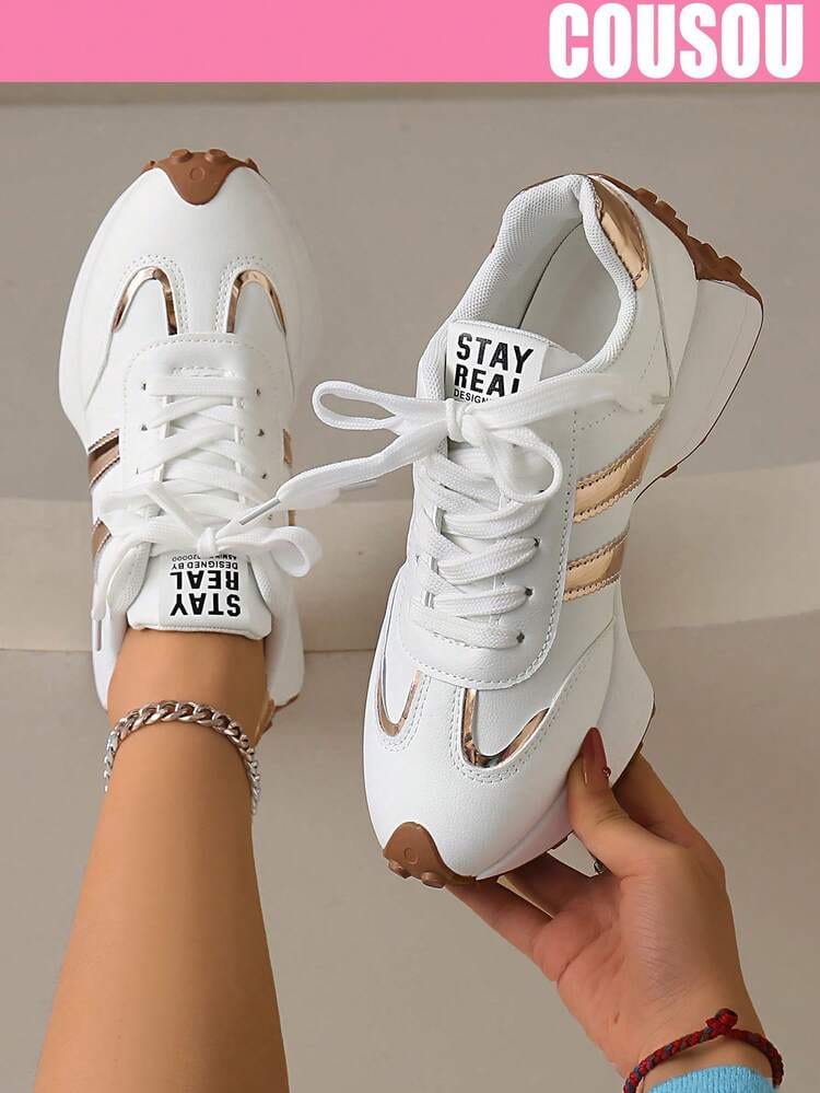 Stay Real Sneakers – White & Gold Stripes image 4