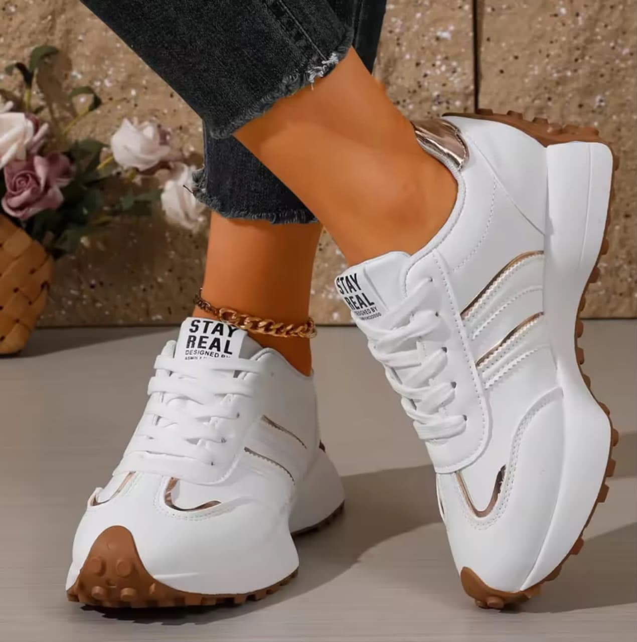 Stay Real Sneakers – White & Gold Stripes image 6