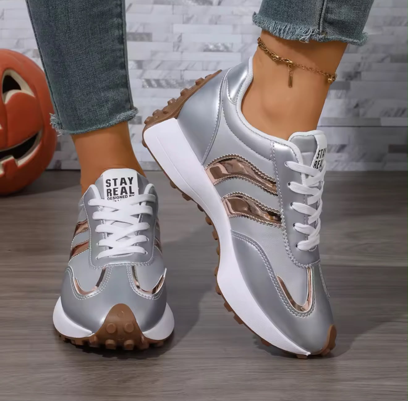 Stay Real Sneakers – Silver & Gold Stripes image 5