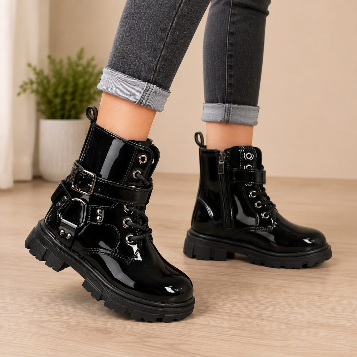 Ladies Black Patent Combat Boots image 2