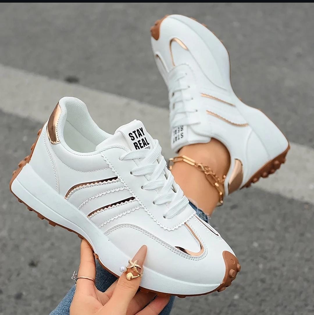 Stay Real Sneakers – White & Gold Stripes - others Sneakers | Mars Collection