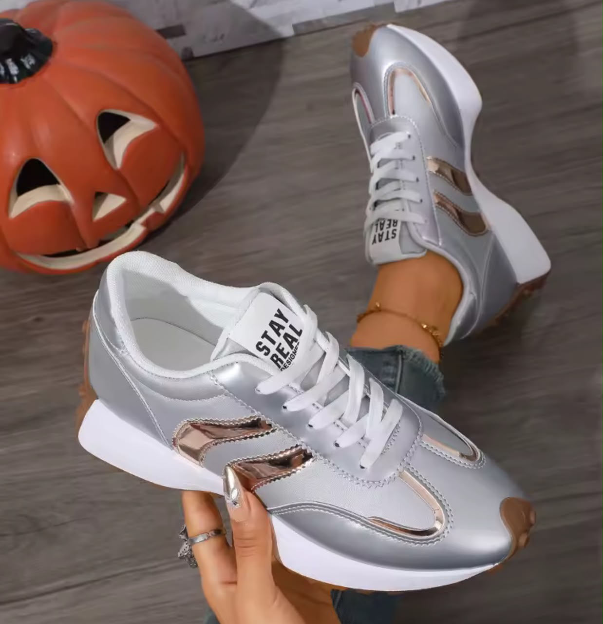 Stay Real Sneakers – Silver & Gold Stripes - others Sneakers | Mars Collection