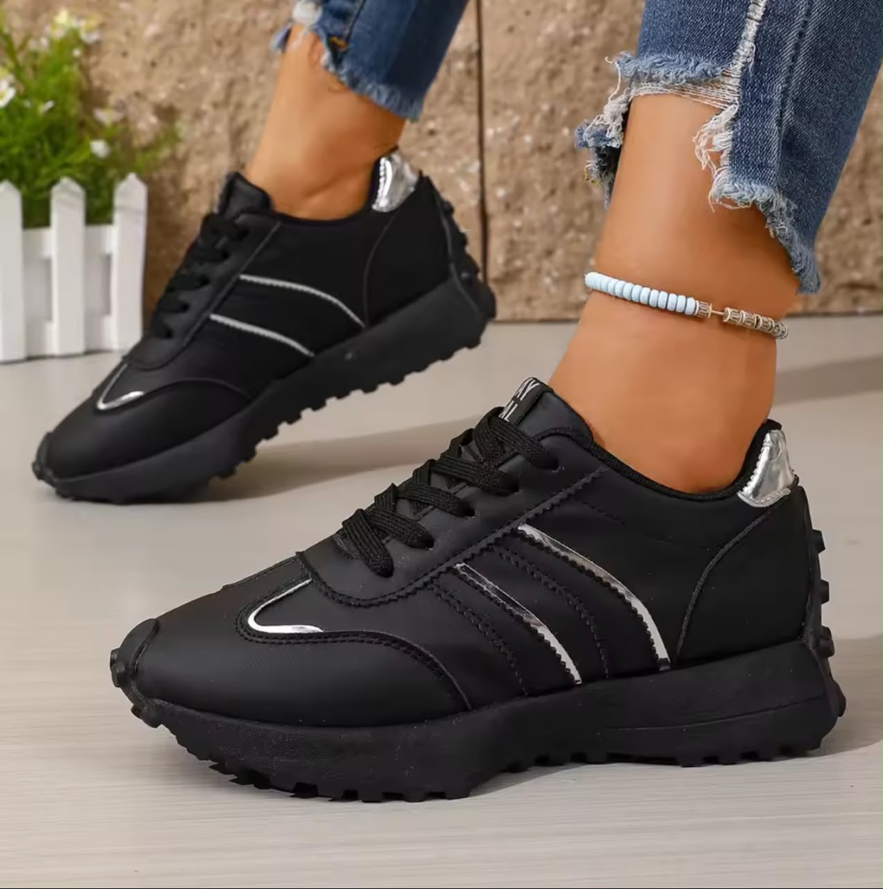 Stay Real Black Sneakers with Silver Stripes image 3